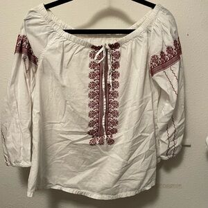 Madewell Off Shoulder Embroidered White Red Top Size Small Boho peasant